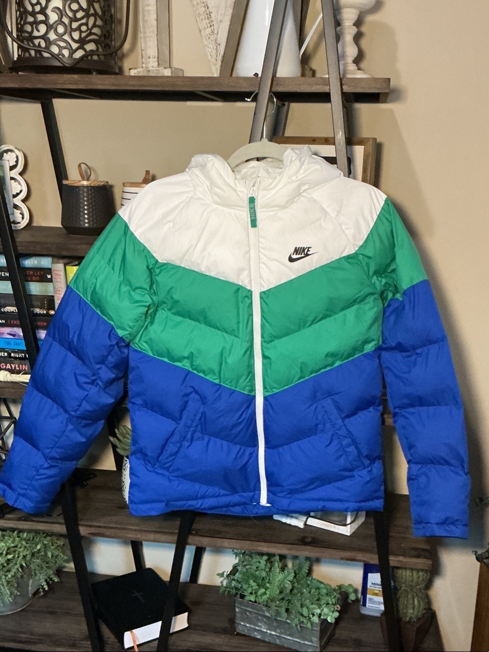 Nike Kids Colorblock Puffer Jacket in White, Green & Blue Size XL